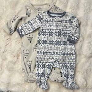 Carter's Cream and Gray Patterned Footies | Size 3 Months